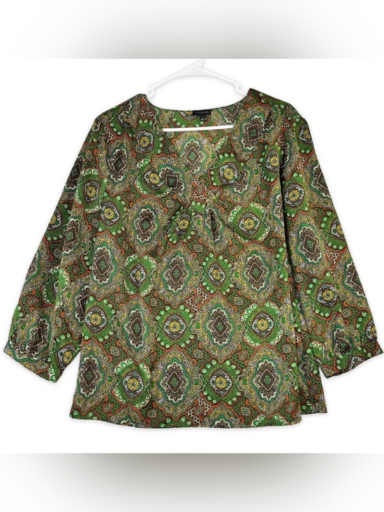 Talbots Tops - Talbots Blouse Womens 14 Green Multicolor Geo Long Balloon Sleeves Satin Top